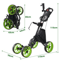 Chariot de golf pliable 4 roues – schéma des dimensions déployé et replié