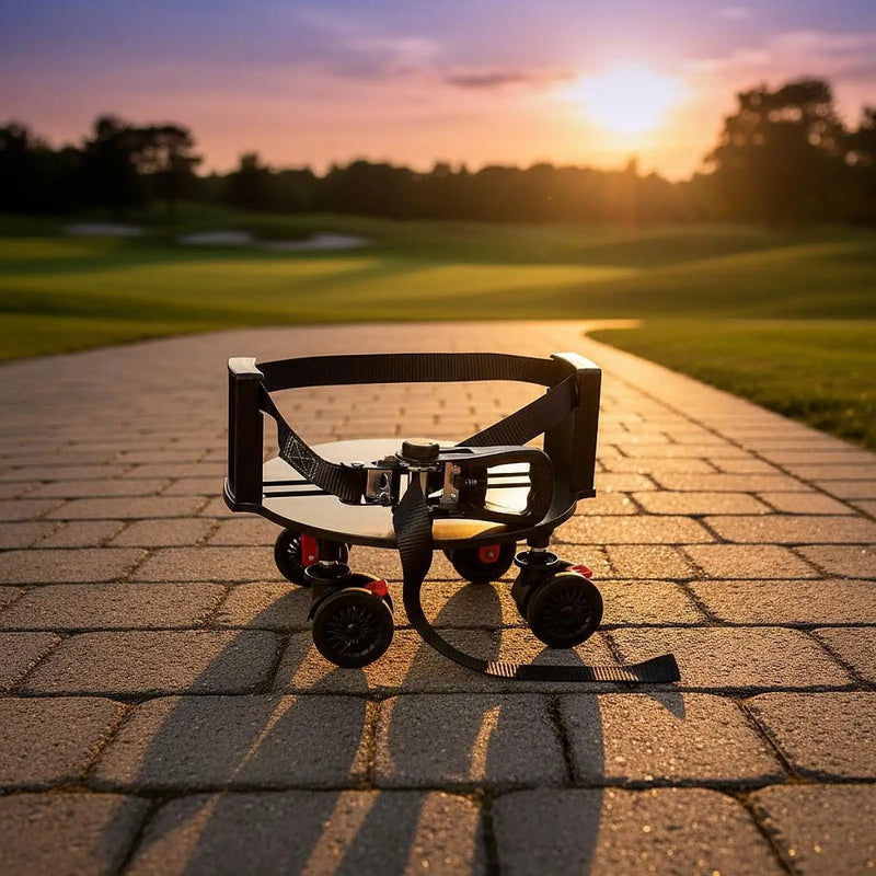 Base à roulettes pour sac de golf – base noire sur une allée pavée au coucher du soleil