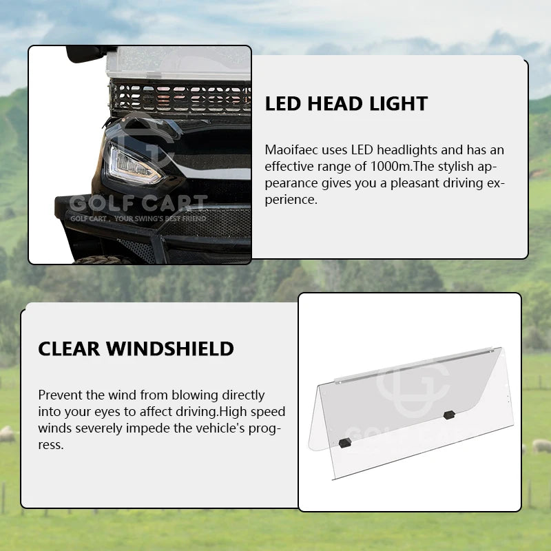 Voiturette de golf 4 places tout-terrain – détail du phare à LED et du pare-brise transparent