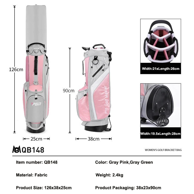 Sac de golf trépied femme ultraléger – cotes du sac : 126 cm de hauteur, 38 cm de largeur, 25 cm de profondeur, ouverture de 21 cm sur 26 cm
