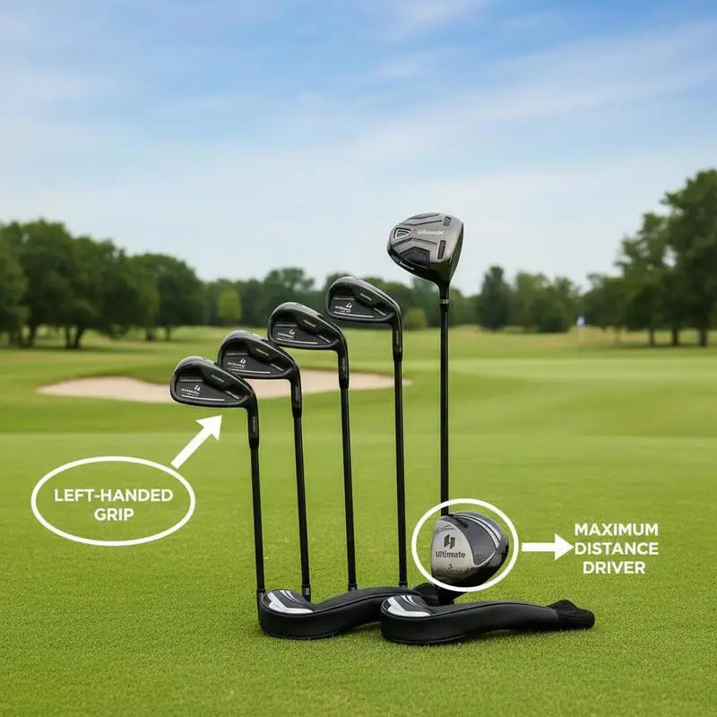 Set de golf complet gaucher – driver, fers et couvre-clubs sur le parcours