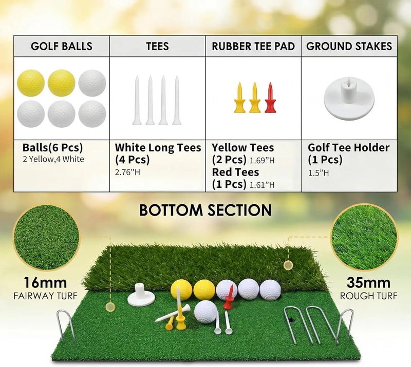 Filet de golf rouge – balles, tees, support de tee, piquets et tapis à deux hauteurs de gazon