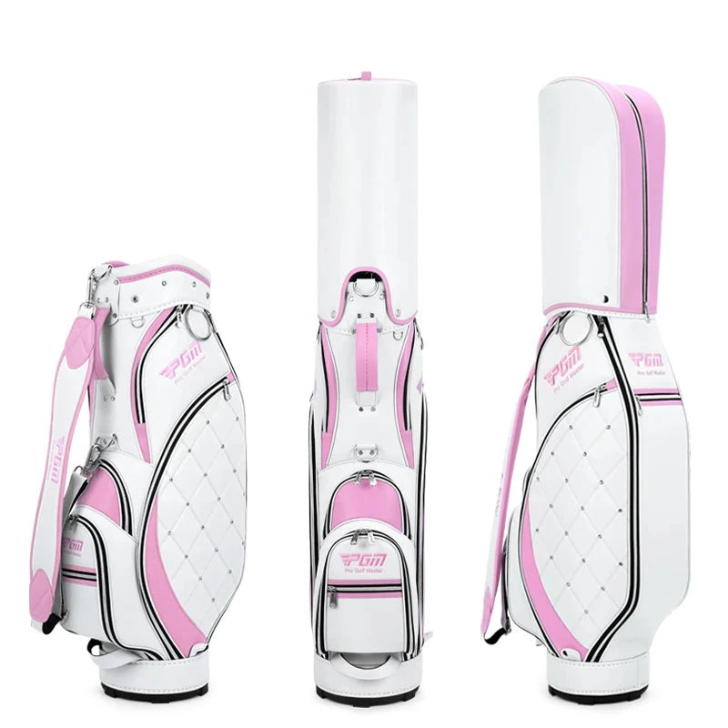 Sac de golf tour femme – coloris blanc et rose, vues de face, de dos et de côté