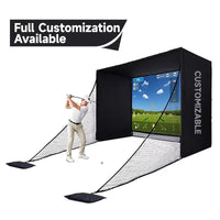 Enceinte de simulateur de golf – structure noire avec filet latéral et poids de lestage