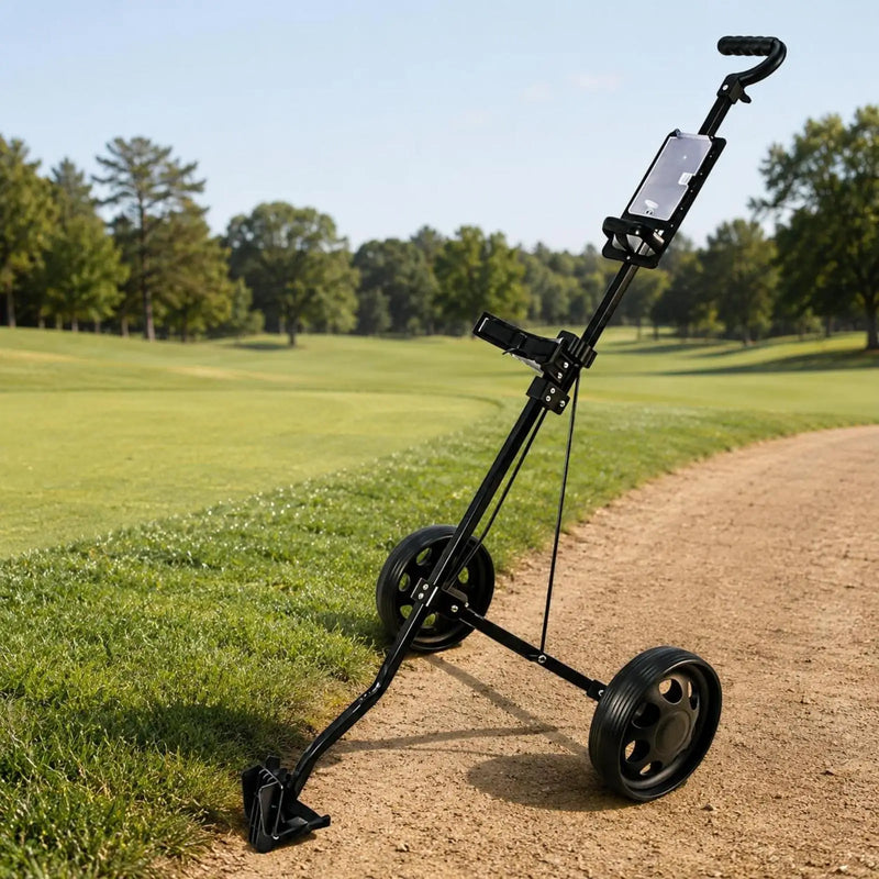 Chariot de golf manuel pliable à 2 roues – chariot déplié sur un chemin de terre au bord du parcours