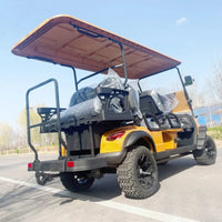 Voiturette de golf électrique multifonction jaune – vue arrière avec banquette arrière rabattable