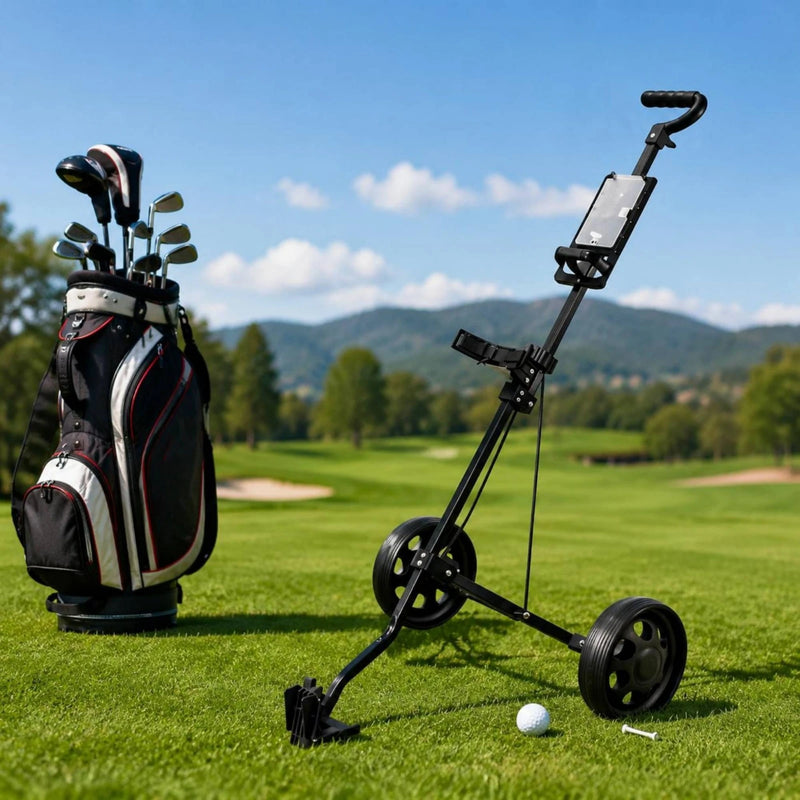 Chariot de golf manuel 2 roues – chariot déplié avec un sac de golf chargé