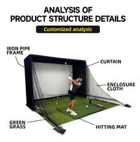 Enceinte de simulateur de golf – schéma de la structure : cadre, rideau, enceinte et tapis