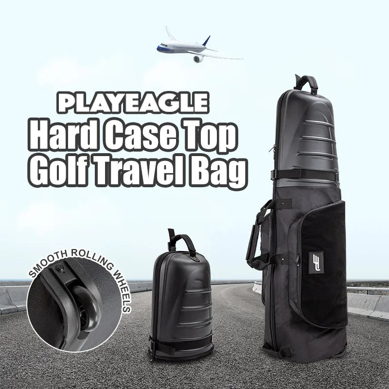Housse de voyage golf – vue d'ensemble avec coque rigide, coque repliée et roulette