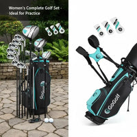 Set de golf complet femme – clubs, couvre-clubs et sac trépied dans un jardin