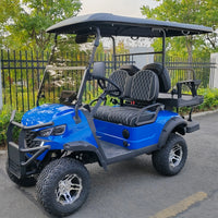 Voiturette de golf électrique lithium bleue – vue de trois quarts avant avec pare-chocs
