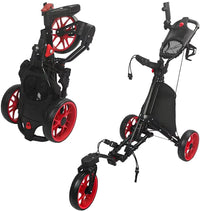 Chariot de golf pliable 3 roues – version noire avec roues rouges, déployée et repliée