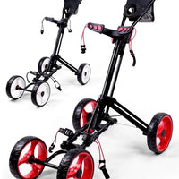 Chariot de golf manuel 4 roues démontables – deux chariots à cadre noir et roues rouges, replié et déployé