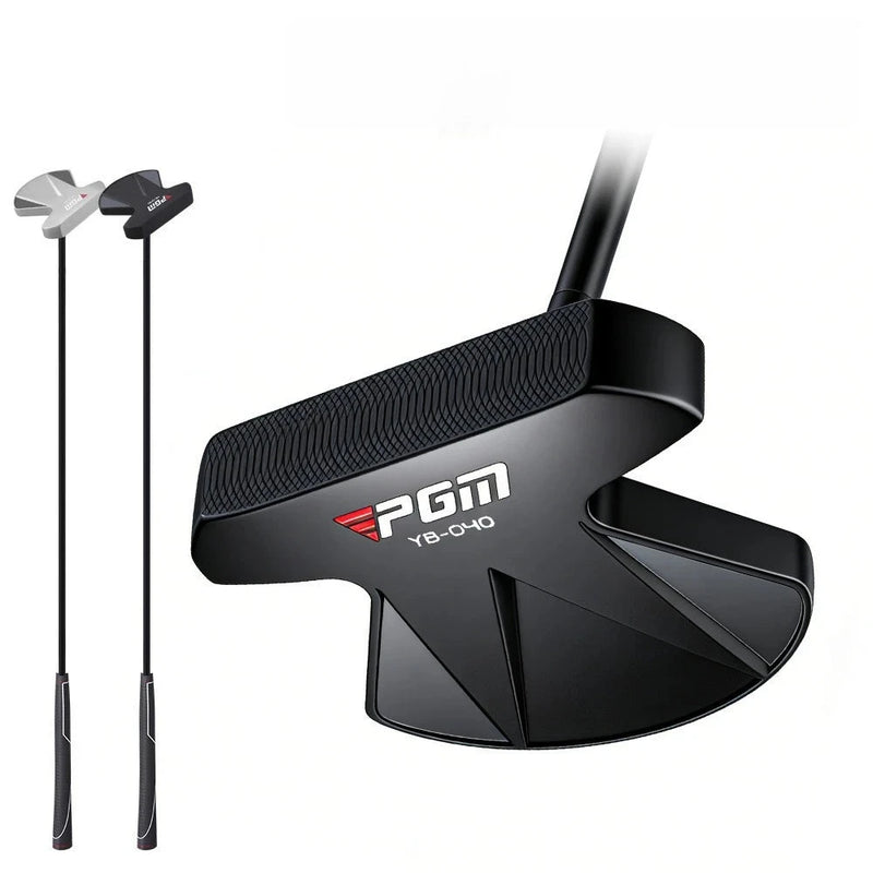 Putter maillet torsion nulle – tête noire en gros plan et deux putters argent et noir