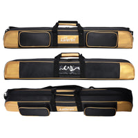 Sac de park golf horizontal – trois vues du sac doré : de face avec ses deux poches, de dessus avec le porte-carte, ouvert avec ses poches