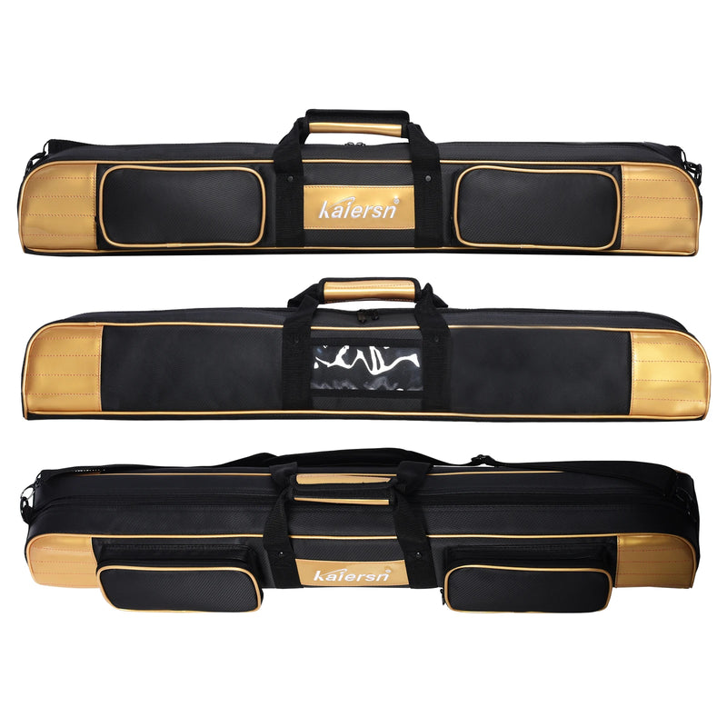 Sac de park golf horizontal – trois vues du sac doré : de face avec ses deux poches, de dessus avec le porte-carte, ouvert avec ses poches