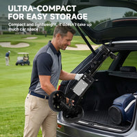 Chariot de golf ultra compact 2 roues – chariot replié rangé dans un coffre de voiture