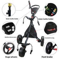 Chariot de golf pliable 3 roues aluminium – porte-bouteille, panneau multifonction, sac isotherme, grandes roues et frein à pied