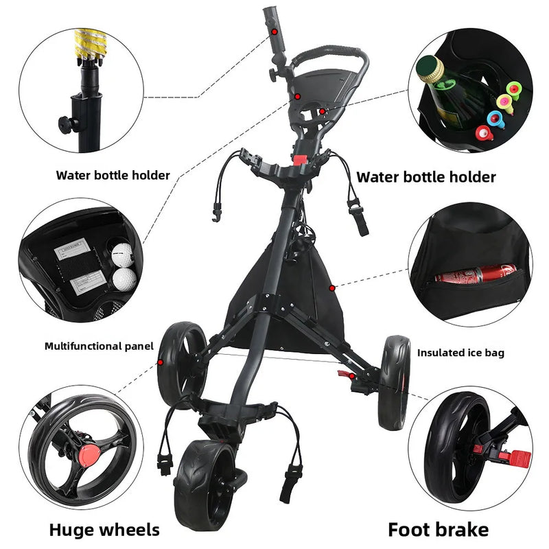 Chariot de golf pliable 3 roues aluminium – porte-bouteille, panneau multifonction, sac isotherme, grandes roues et frein à pied