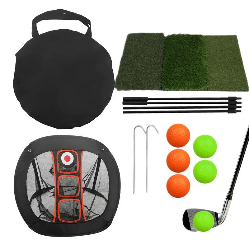 Filet de chipping golf carré – version ensemble avec tapis tricolore, balles et sac