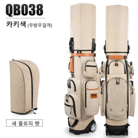 Sac de golf de voyage à roulettes – coloris beige, vue de face et de dos avec capot