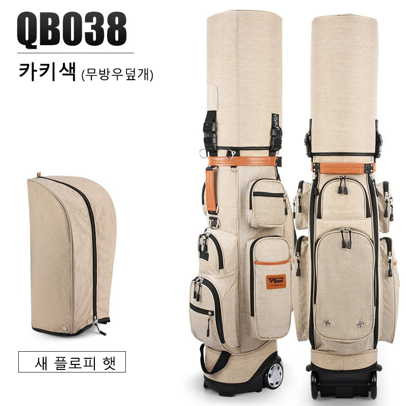 Sac de golf de voyage à roulettes – coloris beige, vue de face et de dos avec capot