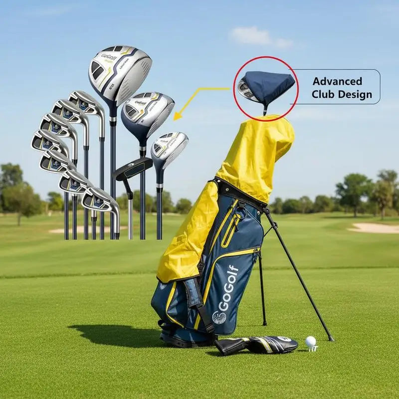 Set de golf complet droitier – clubs, couvre-club et sac trépied sur le parcours