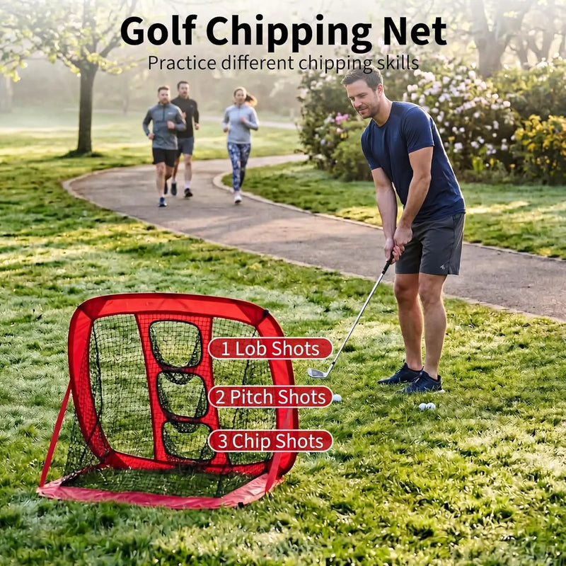 Filet de golf rouge – filet de chipping à trois poches pour lobs, pitchs et chips