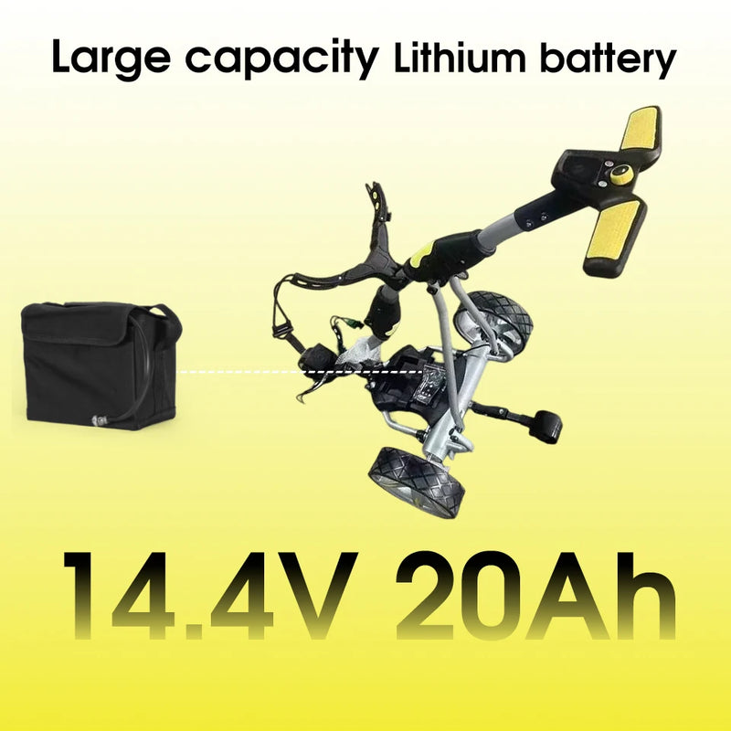 Chariot de golf électrique avec télécommande – chariot replié à côté d'une housse noire, batterie 14,4 V 20 Ah