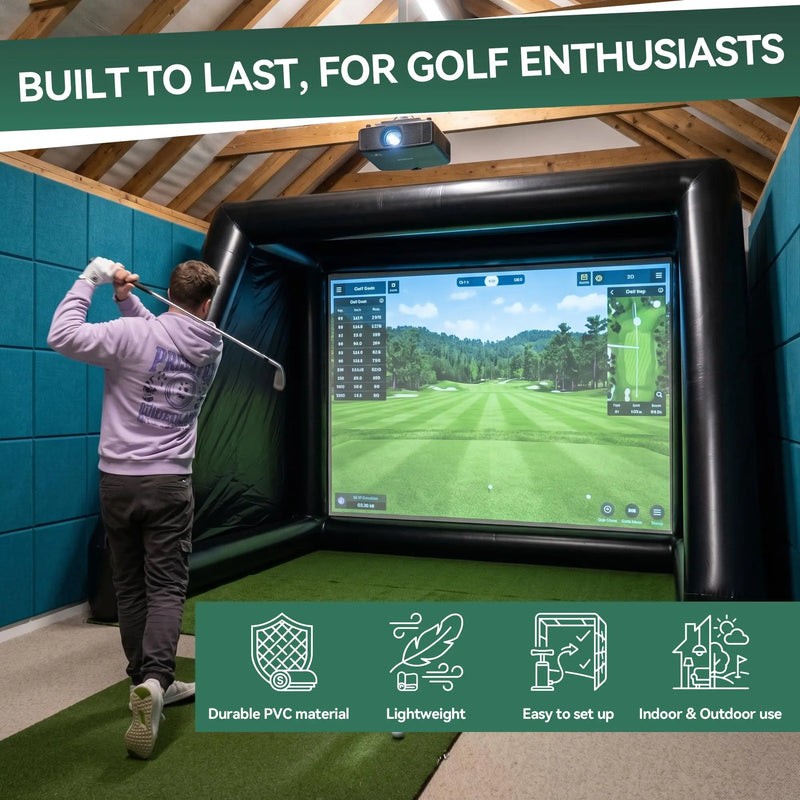 Tente de golf gonflable – intérieur avec projecteur au plafond et écran d'impact