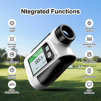 Télémètre laser de golf – icônes des fonctions : portée, précision, grossissement, verrouillage du drapeau, pente, mémoire