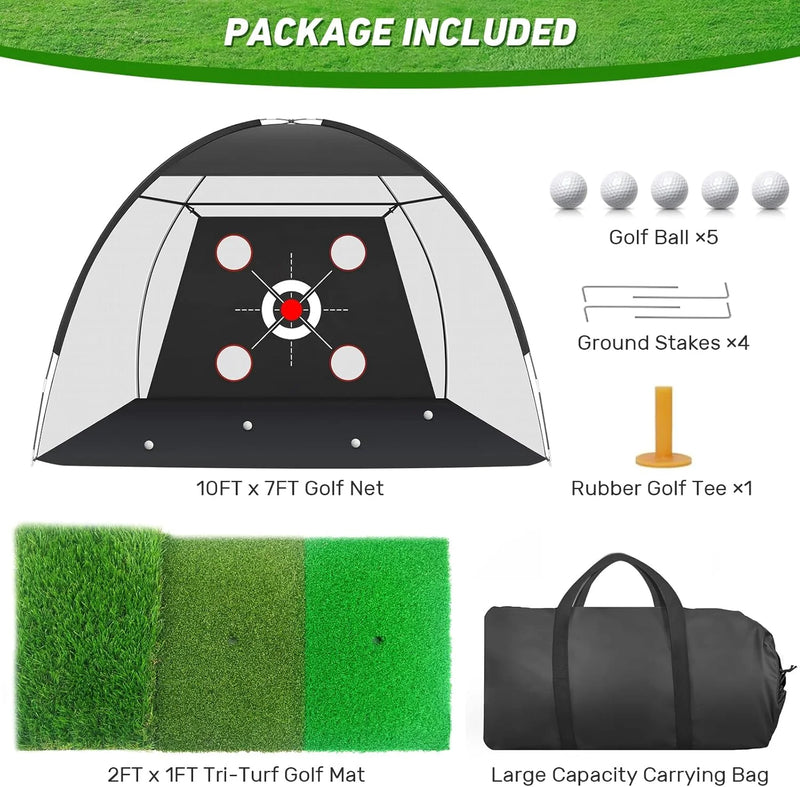 Filet de golf multi-cibles – contenu du colis : filet, balles, piquets, tee, tapis tri-turf et sac de transport