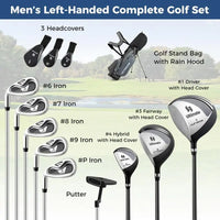 Kit de golf complet gaucher – composition du set : couvre-clubs, fers, bois, putter et sac