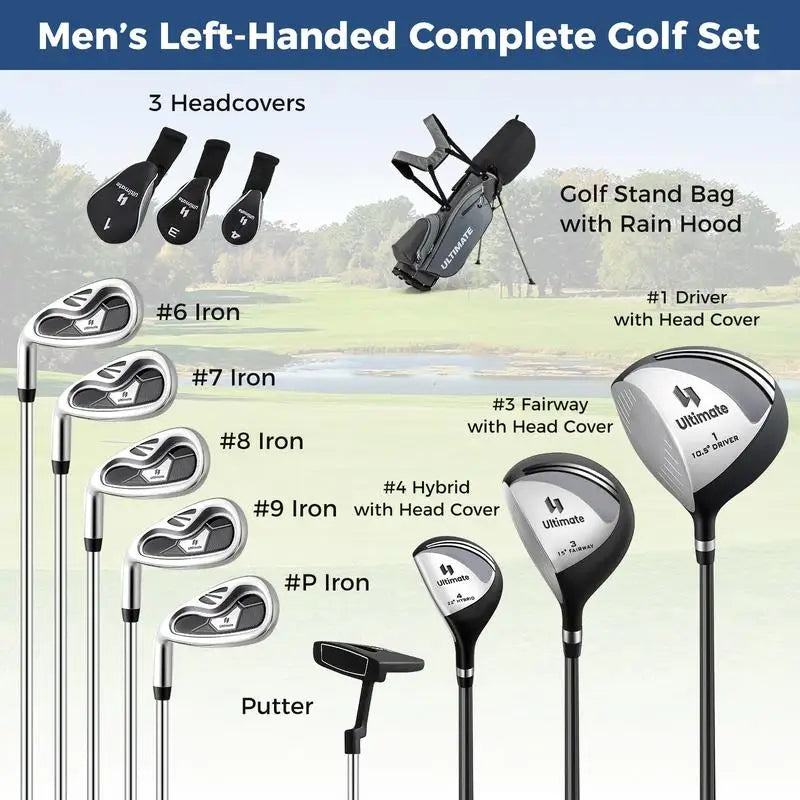 Kit de golf complet gaucher – composition du set : couvre-clubs, fers, bois, putter et sac