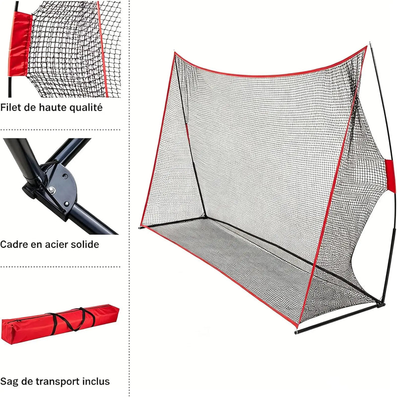 Filet de golf sur cadre – détail du filet, des pièces d'assemblage et du sac