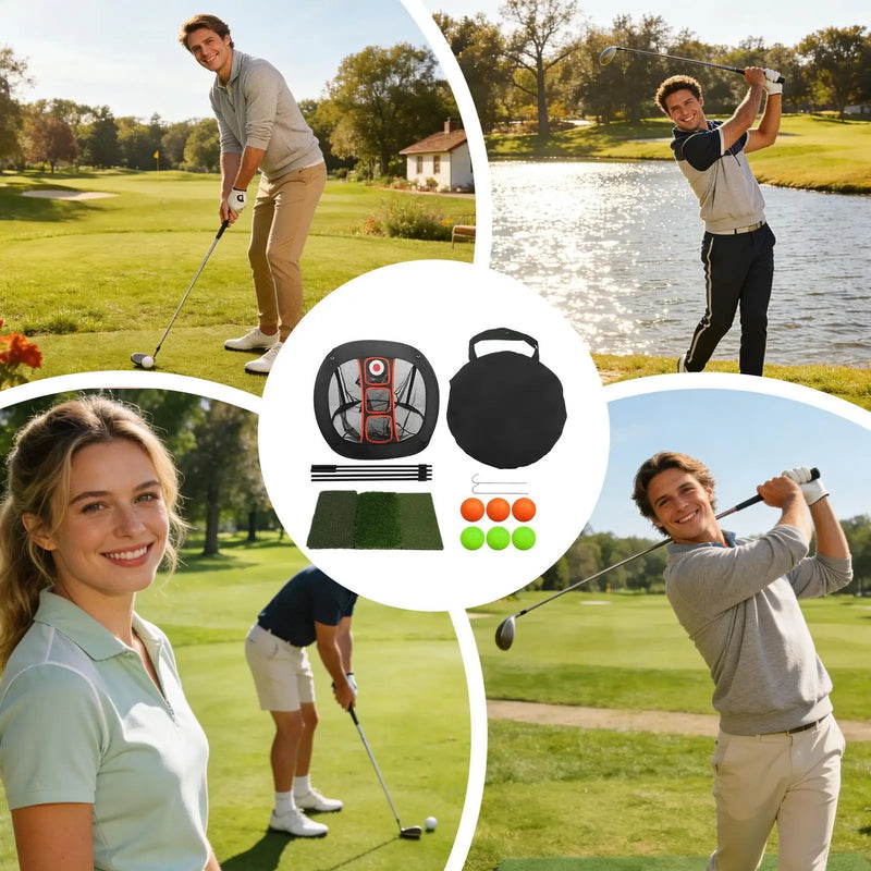 Filet de chipping golf carré – ensemble avec tapis et balles, golfeurs sur le parcours