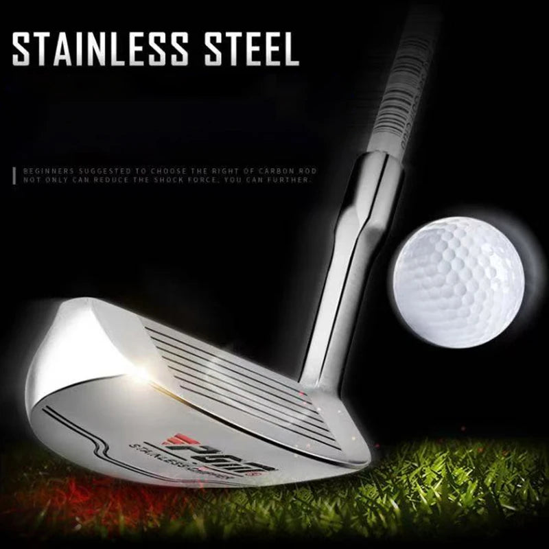 Chipper golf acier inoxydable – tête et balle sur fond sombre
