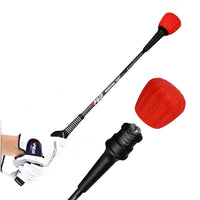 Bâton d'entraînement swing golf – tête rouge démontée et main gantée sur la poignée