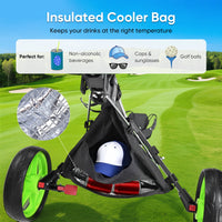 Chariot de golf pliable 3 roues 5 kg – sac isotherme avec casquette, boissons et lunettes