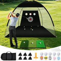 Filet d'entraînement golf 3 x 2 m avec tapis tricolore et 10 balles