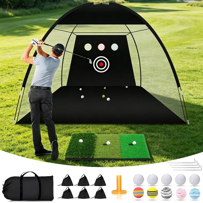 Filet d'entraînement golf 3 x 2 m avec tapis tricolore et 10 balles