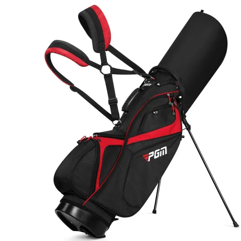 Sac de golf trépied 14 compartiments – sac noir et rouge de dos et de face avec ses bretelles