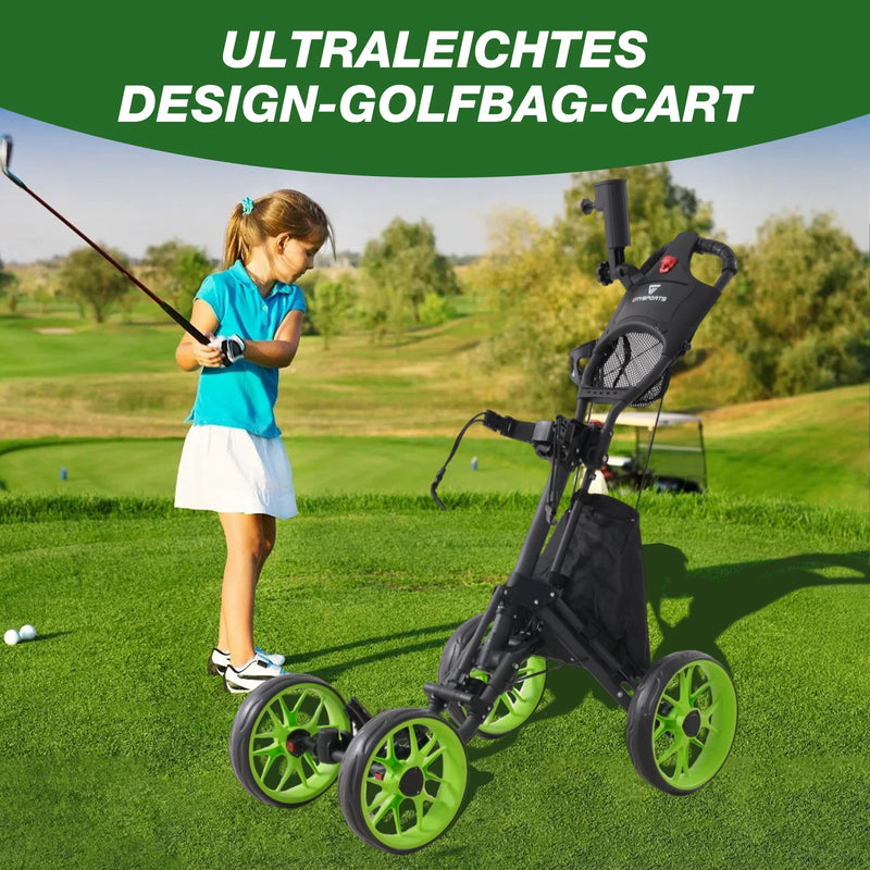 Chariot de golf pliable 4 roues – chariot sur le parcours avec une jeune joueuse
