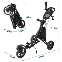 Chariot de golf pliable 3 roues – schéma des dimensions déployé et replié