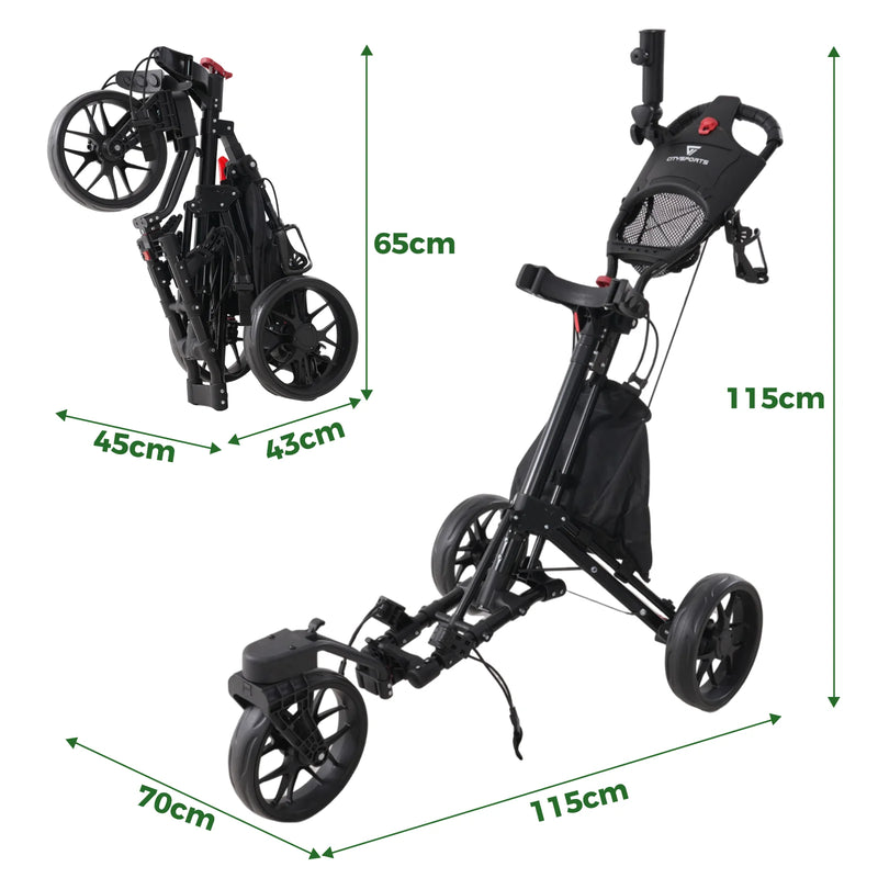 Chariot de golf pliable 3 roues – schéma des dimensions déployé et replié