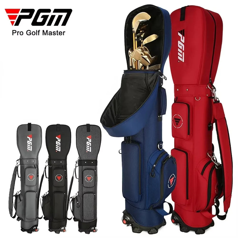 Sac de voyage golf à roulettes – capot ouvert sur un jeu de clubs, modèles bleu marine et rouge