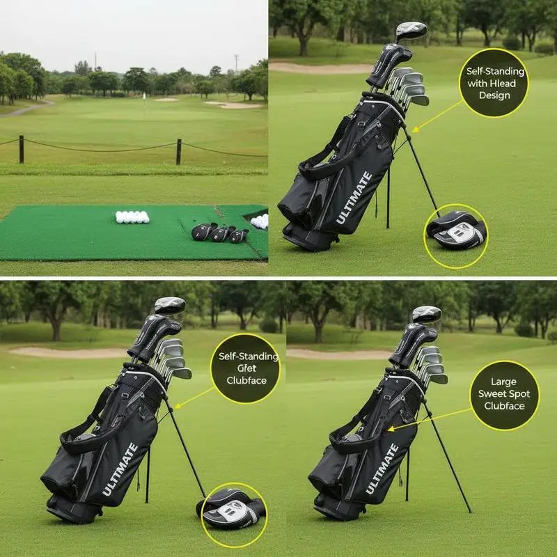 Kit de golf complet gaucher – sac gris sur un tapis de putting, vues du support et de la tête de driver