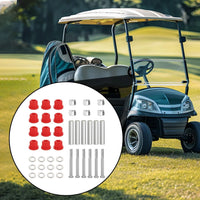 Kit de bagues de suspension – contenu du kit dans un médaillon, voiturette de golf en arrière-plan