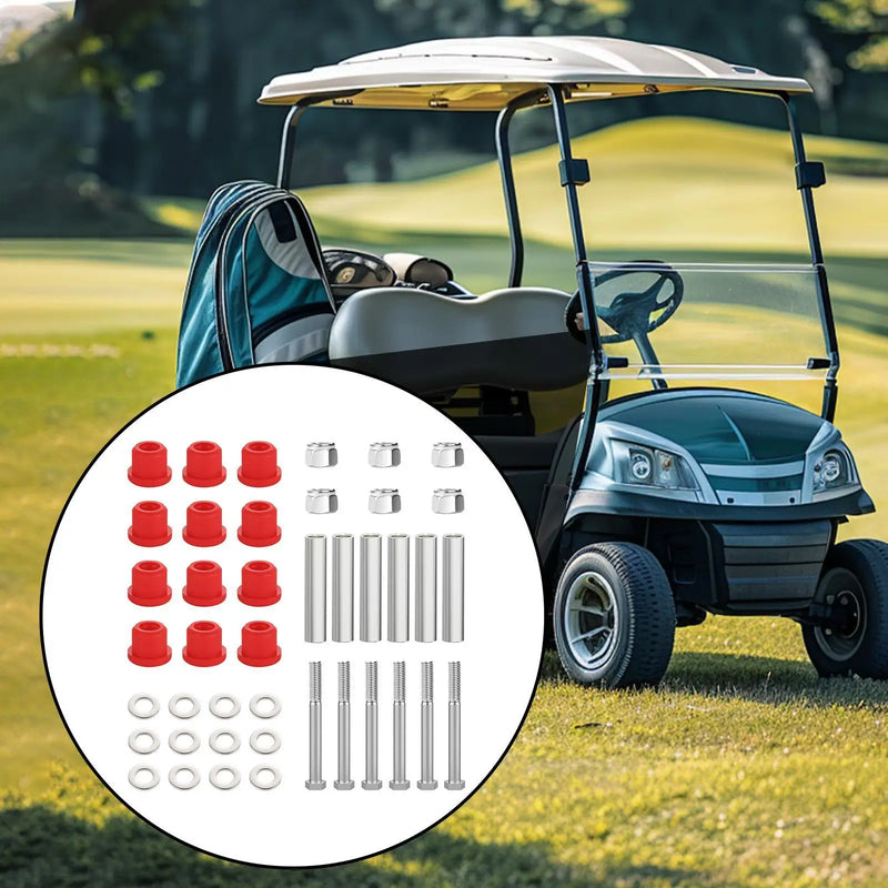 Kit de bagues de suspension – contenu du kit dans un médaillon, voiturette de golf en arrière-plan