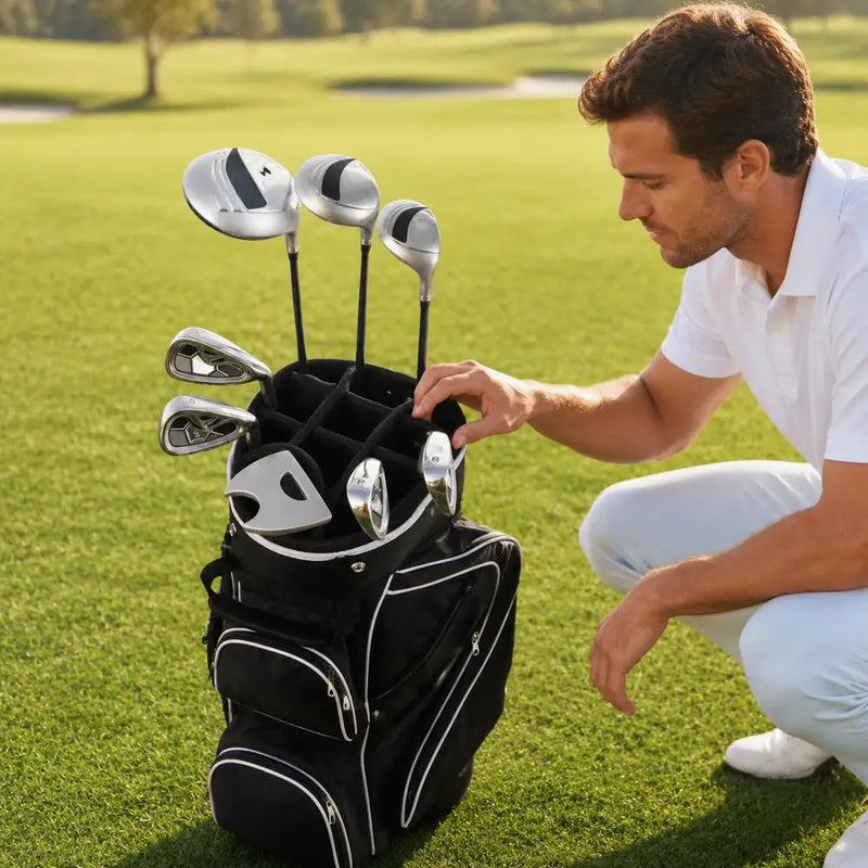 Kit de golf complet femme droitier – clubs rangés dans le sac noir, vue de près